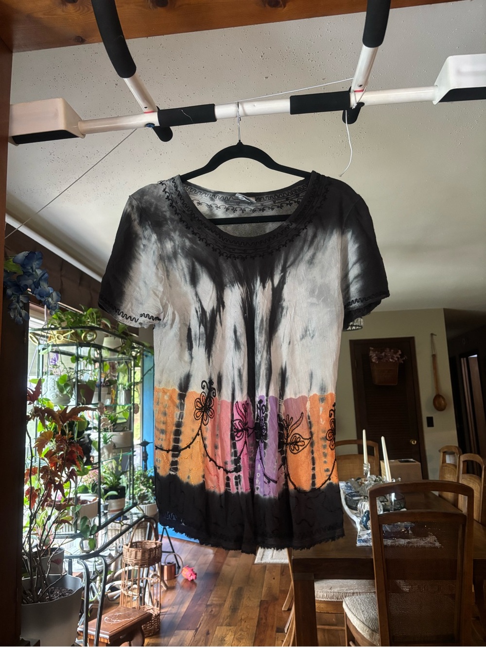 Boho Tie-Dye Short Sleeve Top with Floral Print - Black, Gray, Orange, Purple
